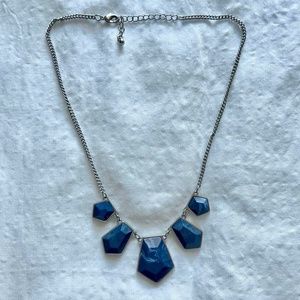 Blue/White Pendant Statement Necklace - SILVER colored chain